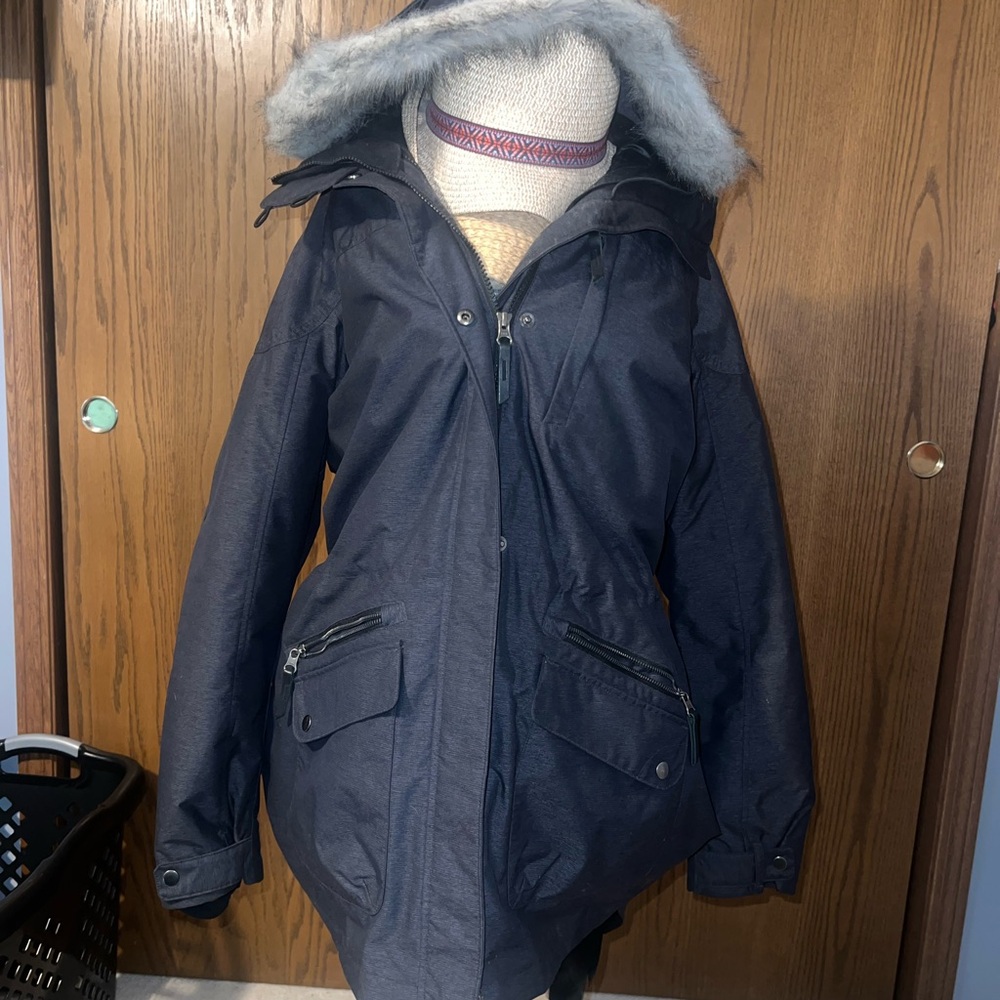 Women's Navy Hooded Jacket with Faux Fur Trim